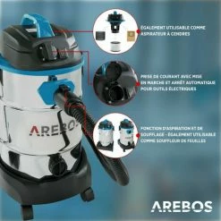 AREBOS Aspirateur Industriel | Aspirateur Eau Et Poussière | Aspirateur Professionnel Avec Prise De Courant | Aspirateur Sec Et Humide | 1600W | 30L | Acier Inoxydable | Fonction De Soufflage | Bleu - Bleu -Aspirateur et sac Soldes 26673610 3
